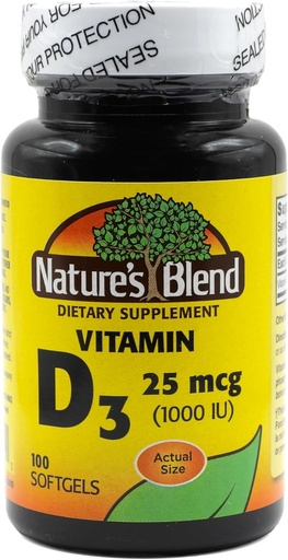 [BRSRAYAZBZ6ROYLP] Nature's Blend Vitamin D3 25 MCG (1000 IU) Easy-to-Swallow, 100 SOFTGELS