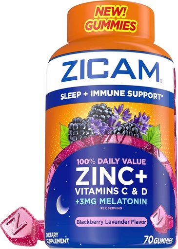 [BRSW2CALBYMBOEY3] Zicam Sleep + Immune Support. Zinc, Gummy Supplement, BlackBerry Lavender Flavor, Vitamin C and Vitamin D, 3mg Melatonin per Serving, 70 Count