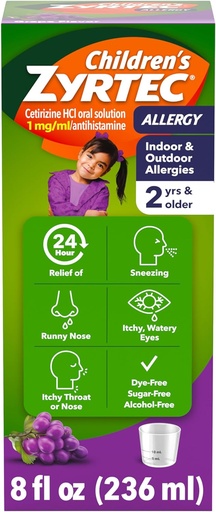 [BRSWY2QROR4GC2D2] Otroški Zyrtec 24 ur Alergija Relief Syrup, 5 mg Cetirizin hidroklorid Antihistaminik, Otroci alergija Medicina za notranji & zunanji alergija Relief, Dye- & Sugar-free, Grozd, 8 fl.