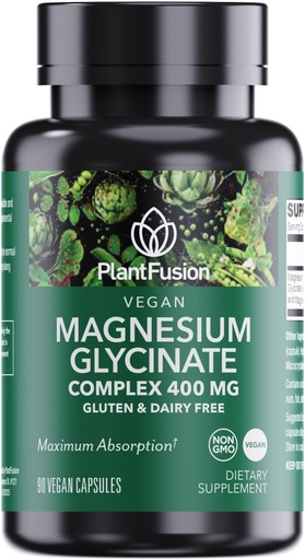 [BRSRAFATCR6WA3AY] PlantFusion Vegan Magnesio Glycinato Complexo 400 mg - Alta Absorción e Biodispoñibilidade - Chelated - Apoia a relaxación muscular, sono, saúde cardiovascular, alivio do estrés e produción de enerxía - Non GMO