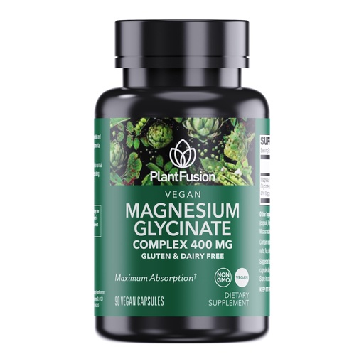 [BRSRAFATCR6WA3AY] PlantFusion Vegan Magnesium Glycinate Complex 400 mg - High Absorption & Bioavailability - Chelated - Supports Muscle Relaxation, Sleep, Cardio Health, Stress Relief, and Energy Production - Non GMO