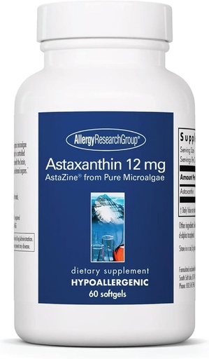 [BRSRAZQRC4NRA2T2] Allergy Research Group Astaxanthin 12mg Supplement - from Organic Microalgae, Eye Health, AstaZine Astaxanthin, Natural Antioxidant, Skin Health, Brain Function Support, Softgels - 60 Count