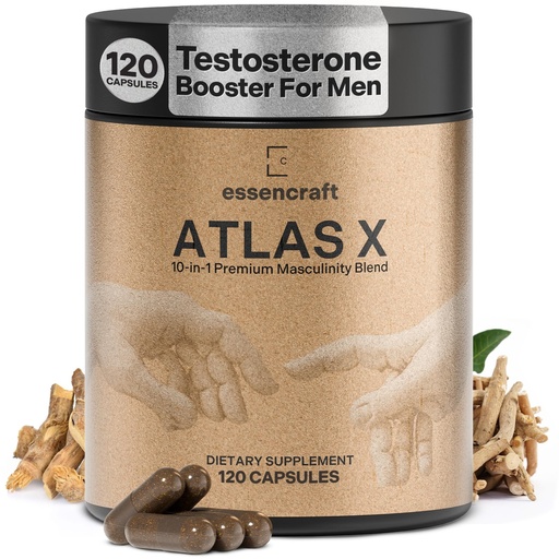 [BRSRAHA3B4NB4HT4] Essencraft Atlas X Testosterone Supplement for Men – 10-in-1 Natural Testosterone Booster & Muscle Booster w/Shilajit, Zinc, Tongkat Ali, & More (120 Capsules)