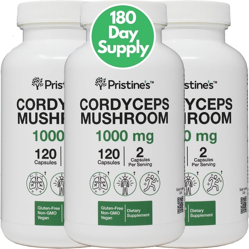 [BRSRAEA3AEMA4E33] PRISTINE'S Cordyceps Mushroom (3 Pack) 1000 MG - Athletic Performance, Endurance & Immunity Adaptogen Capsule Supplement - 180 Day Supply - Anti Aging Support Antioxidant