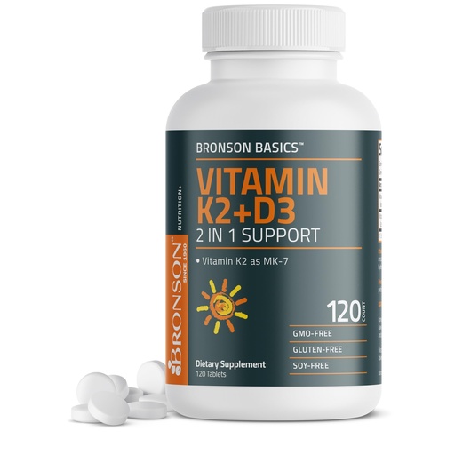 [BRSRMYAPOB7QM2QV] Bronson Vitamin K2 D3 (MK7) Supplement Non-GMO Formula Vitamin D3 5000IU (125 mcg) & 90 mcg K2 MK-7, Easy to Swallow D & K Complex, 120 Tablets