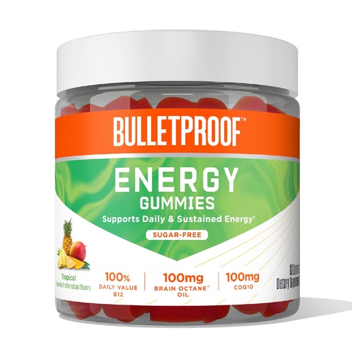 [BRSRMATRDF7QOAIV] Bulletproof Sugar-Free Tropical Energy Gummies, 60 Count | Supplement for Daily & Sustained Energy with 100mg CoQ10, Daily Value of B12, 100mg Brain Octane Oil