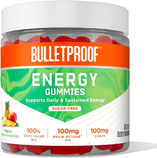 [BRSRMATRDF7QOAIV] Bulletproof Sugar-Free Tropical Energy Gummies, 60 Count, Доплащане за дневна и постоянна енергия със 100mg CoQ10, Дневна стойност на B12, 100mg Brain Octane Oil
