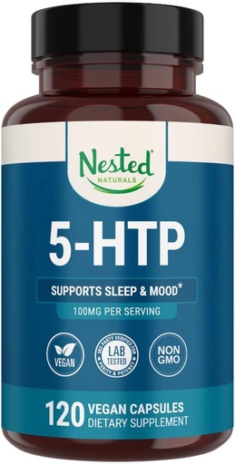 [BRSWKYQBAYMBU3TO] Naturales anidados 5-HTP 100 mg (5-hidroxitryptofan) - Apoyo al sueño y el mood - 5HTP Suplemento para la serotonina natural - 120 no GMO, cápsulas veganas