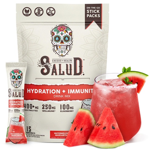 [BRSRAAD2BANBSA3J] Salud 2-in-1 Hydration Packets + Immunity Electrolytes Powder, Watermelon Margarita - Agua Fresca Drink Mix, Elderberry, Dairy & Soy Free, Non-GMO, Gluten Free, Vegan, 1g Sugar (15 Servings)