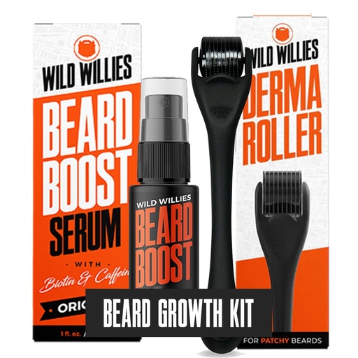 [BRSROGAQPNYAGCLX] Wild Willies Beard Growth Kit - Premium Derma Roller & Beard Boost Serum - Microneedle Roller & Beard Hair Growth Serum with Biotin & Caffeine for Fuller Beard, Scalp Care - Easy to Use Kit with Case