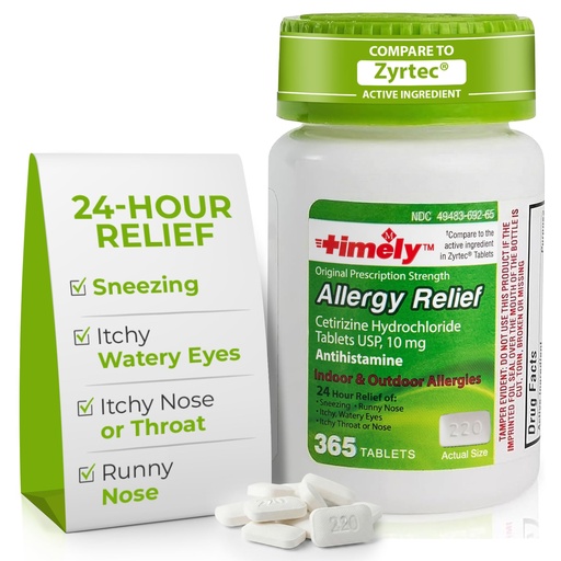 [BRSW2BQ5CAPWA2D4] TIME-Cap Labs 365 Tablets Cetirizine HCl 10mg Allergy Relief - Antihistamine for Adults & Children Age 6+, Helps Relieve Sneezing, Runny Nose, Itchy Watery Eyes & Itchy Throat