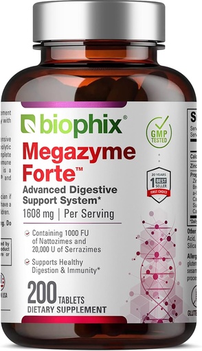 [BRSWI2YZOYGG2HDI] biophix Megazyme Forte 200 Tablets - Natural Plant Proteolytic Enzymes Nattozimes Serrazimes Supports Digestive System Immune Health