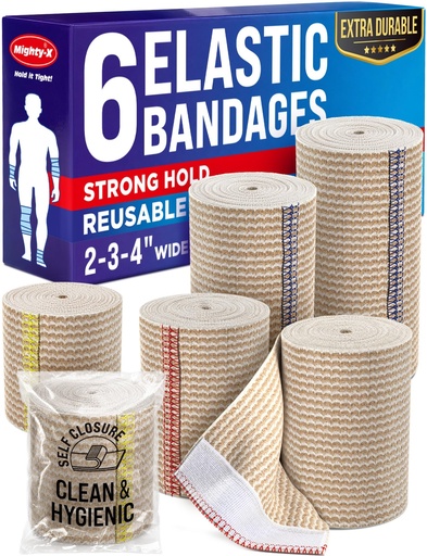 [BRSW22Y2OYFBEYD2] Premium Elastic Bandage Wrap - 6pack (2x2in, 2x3in, 2x4in) - Self-Closing | Strong Compression Bandage Wrap for Leg, Ankles, Wrists, and Knees - For First Aid Kit and After Surgery Recovery
