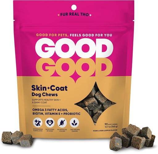 [BRSW2CQRCEJQKETP] GoodGood Skin + Coat Dog Supplements; Supports Healthy Skin and a Shiny Coat; Chewable Soft Treats with Omega-3 Fatty Acids, and Vitamin E; Probiotics; 90 Natural Flavor Chews