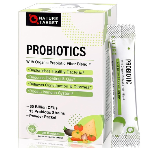 [BRSW2YABBUMBS2AZ] NATURE TARGET Probiotics for Women-Men-Kids Probiotic Powder 60 Billion CFUs 13 Strains - Prebiotics and Probiotics for Digestive Health, Shelf Stable, Non-GMO, Gluten Free 30 Packets