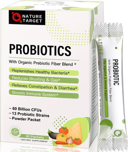 [BRSW2YABBUMBS2AZ] NATURE TARGET Probiotics for Women-Men-Kids Probiotic Powder 60 Billion CFUs 13 Strains - Prebiotics and Probiotics for Digestive Health, Shelf Stable, Non-GMO, Gluten Free 30 Packets