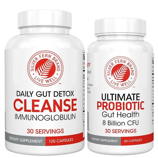 [BRSW2FICDICW2CDA] Silver Fern Gut Rehab Kit - 30 Day Supply - Cleanse Daily (1 Bottle = 120 Capsules) & Ultimate Probiotic (1 Bottle = 60 Capsules) - Immunoglobulins & Spore Forming Probiotics