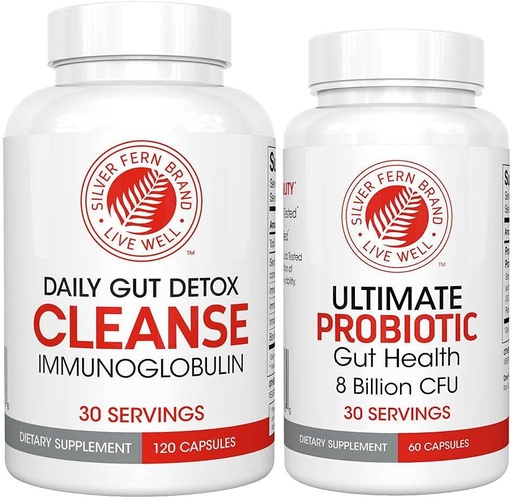 [BRSW2FICDICW2CDA] Silver Fern Gut Rehab Kit - 30 Day Supply - Cleanse Daily (1 Bottle = 120 Capsules) & Ultimate Probiotic (1 Bottle = 60 Capsules) - Immunoglobulins & Spore Forming Probiotics