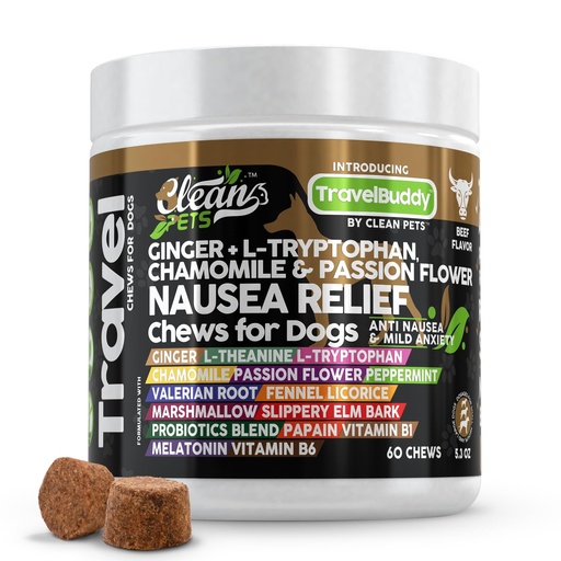 [BRSRAEICC55BSDQ6] Clean Pets Travel Chews Nausea Relief for Dogs | Ginger L-Tryptophan Chamomile Passion Flower L-Theanine Peppermint Valerian Root Fennel Licorice Root Marshmallow Root Slippery Elm Melatonin Chew