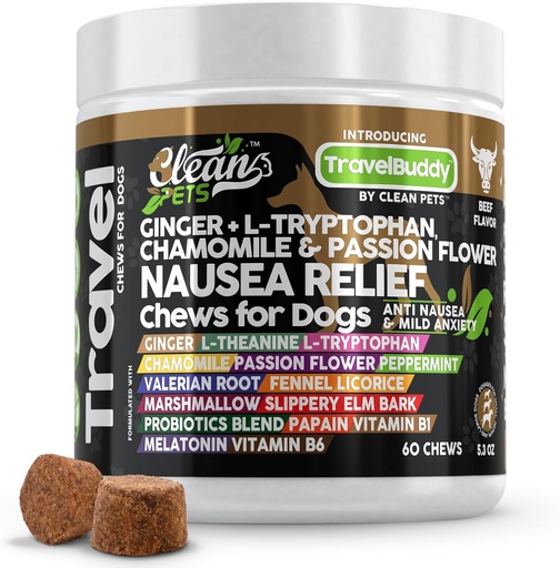 [BRSRAEICC55BSDQ6] Travel Chews Nausea Relief for Dogs | Ginger L-Tryptophan Chamomile Passion Flower L-Theanine Peppermint Valerian Root Fennel Licorice Root Marshmallow Root Slippery Elm Melatonin Chew