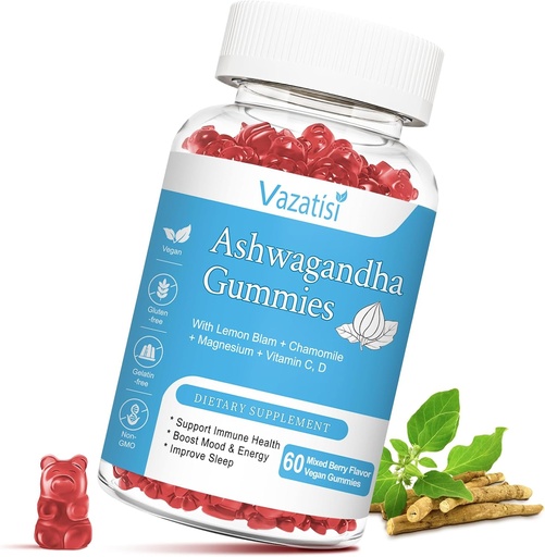 [BRSRO2QKPIGROET3] Sugar Free Ashwagandha Gummies for Women Men, Organic Ashwa Root Extract Supplement for Relax Restore Balance, Vegan Gluten Free, 60 Count