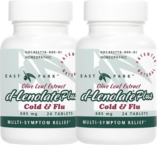 [BRSWGY3YCJ4BAYA2] EAST PARK d-Lenolate Plus Cold & Flu Homeopathic Remedy for Adults & Kids | Immune System Booster with Olive Leaf Extract, Neem Leaf Extract & Echinacea | 625mg, 24 Tablets | Non-GMO (Pack of 2)