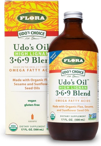 [BRSWGA3RC4FAAHLX] Flora - Udo's Choice High-Lignan 369 Omega Oil Blend, Oudo's Oil Balanced 2:1:1 Ratio of Omega Faty Acids, Made with Organic Flax, Sesame & Sunflower Seed Oils, 17-oz. Γυάλινη φιάλη