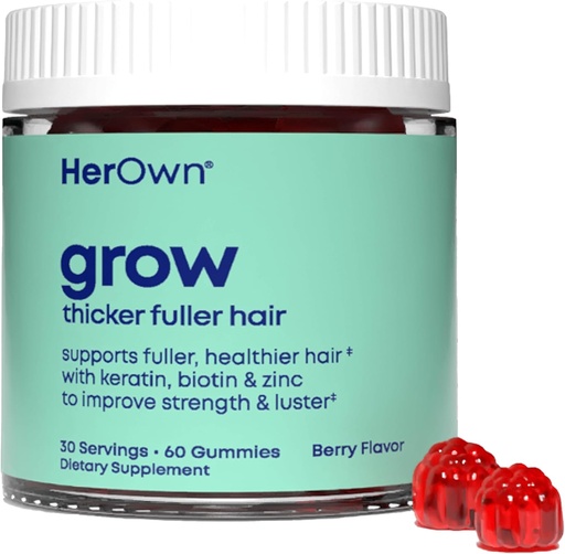 [BRSROHYNAUORAHLD] Her Own Grow Gummies, Promotes Thicker Hair, With Biotin, Keratin & Horsetail, Supports Fuller Hair, Healthy Hair Growth, Berry Flavor, 60 Gummies