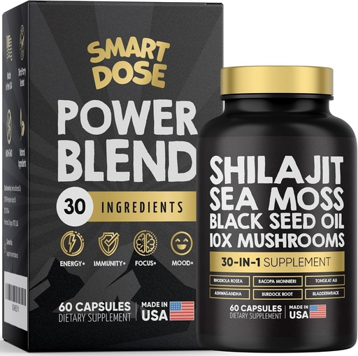 [BRSROCYKBAMGAA3G] Power Blend Capsules - 30-in-1 Supplement Bundle with Shilajit 6000mg, Sea Moss 4000mg, Black Seed Oil 4000mg, Ashwagandha 2000mg, 10x Mushrooms, Tongkat Ali, Maca, Holistic Pills Combo