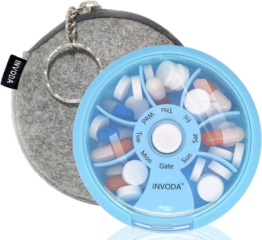 [BRSRM2T3PIHRMYAY] INFODA Weekly pil Organizer 7 Compartiment Rotating Pill Box voor dagelijkse medicatie & vitamines - Portable Travel Pill Case Visolie Supplementen Vitaminen Organisator (Blue+Bag)