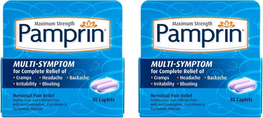 [BRSWKHD2OMIAYFQV] Pamprin Multi-Symptom Formel, med Acetaminophen, Menstrual Period Symptom Relief inklusive kramper, Smärta, Irritabilitet och Bloating, 40 Caplets (Pack of 2)