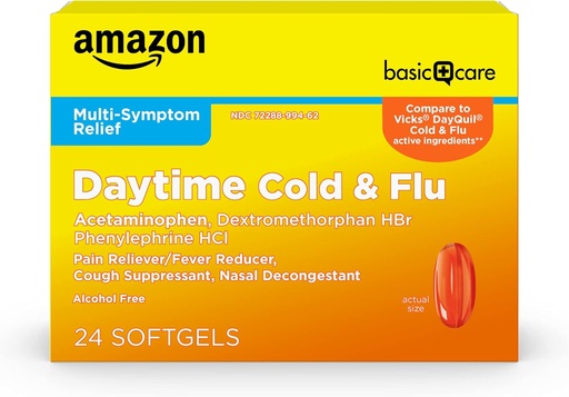 [BRSW2ZARCUNB6CL2] Základní péče Denní Cold and Flu Relief Softgels, Non- Drowsy Cold Medicine, Relief of Pain, Horečka, Kašel, Sore Throat, Nasal Congestion, 24 Počet