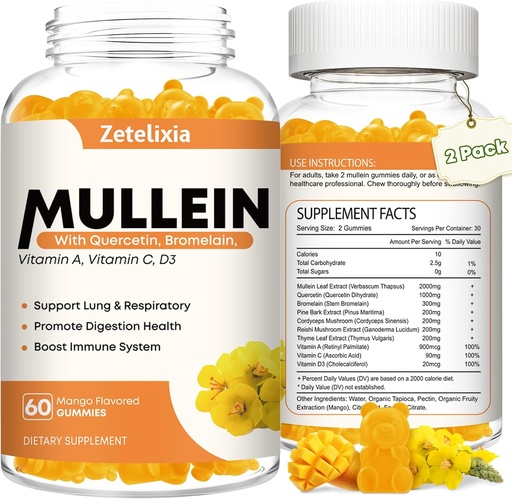 [BRSRAH34AV5AGGQ2] Mullein gumik tiszta tüdők, 10 az 1 Mullein levél kivonat tüdők, Mullein Quercetin gumikat tüdőtisztítás, légzőrendszer, immunitás, mangó flavor, 120 gróf