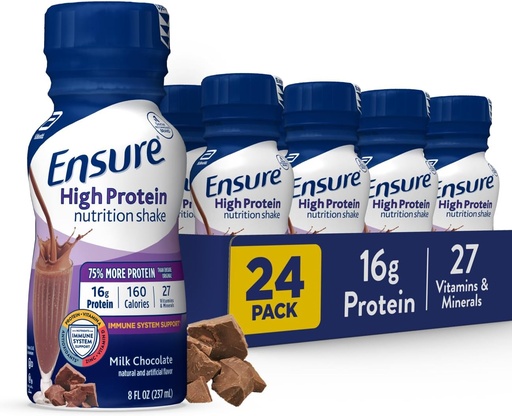 [BRSWICQHDMFBSHQ3] Ensure High Protein Milk Chocolate Nutrition Shake, Ready to Drink, 16g Protein and 27 Vitamins and Minerals, 8 fl oz, 24 Pack