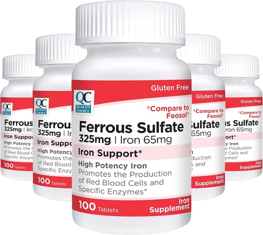 [BRSRMGT6OF6BM2YY] Quality Choice Iron 65 mg (325 mg Ferrous Sulfate) High Potency Iron Support Supplement Tablets in 100 Count Bottles (5 Pack)