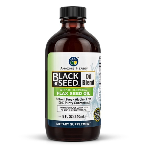 [BRSWIYTQBF7W2ELM] Amazing Herbs Cold-Pressed Black Seed and Flax Seed Oil Blend - Gluten-Free, Non-GMO, High in Omega 3, 6, & 9, Supports Joint, Brain, and Heart Function - 8 Fl Oz
