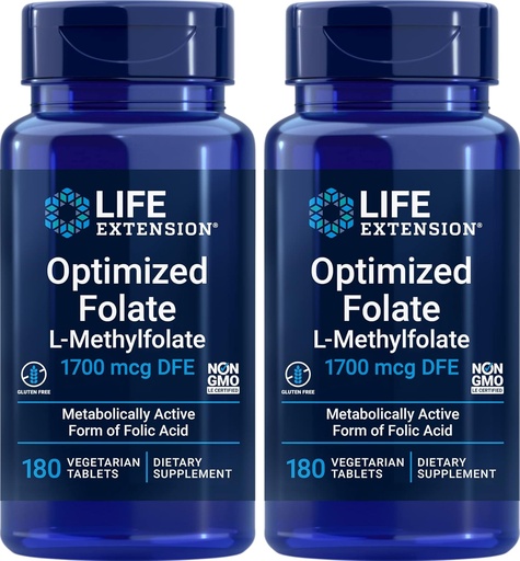 [BRSWYYIBAF7RY2AZ] Life Extension Optimized Folate (L-Methylfolate) 1700 mcg DFE, 180 Veg Tablets (Pack of 2)