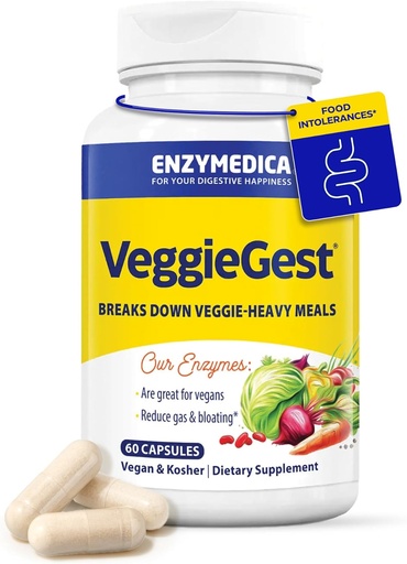 [BRSWIGQFDMMQGGDA] Enzymedica, VeggieGest, Enzymes Digestivos, soporta Gas ocasional &amp; Bloating Relief from High Fiber Meals, for Vegan &amp; Vegetarian Diets, Enzyme Blend for Digestive Health, 60 Cuenta