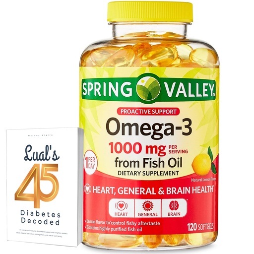 [BRSRMBDQAUDR4YI4] Omega-3 from Fish Oil Heart General & Brain Health Dietary Supplement Softgels, 1000 mg, 120 Count Bundle with Luall's 45 Diabetes Decoded