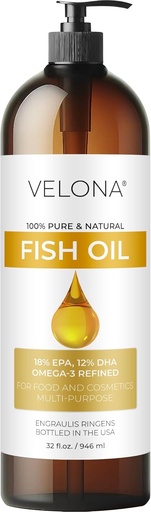 [BRSWGGD3C4HB4FIY] Fish Omega-3 Oil by Velona - 32 Fl Oz | 100% Pure and Natural Carrier Oil | Refined | Vitamin E, D, Omega-3 | Cooking, Skin, Face, Body, Hair Care | Use Today - Enjoy Results