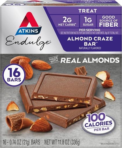 [BRSROGAOBUMGKHQY] Atkins Endulge Treat, Almond Craze Bar, 2g Net Carbs, 1g of Sugar, Good Source of Fiber, Keto Friendly, 16 Count