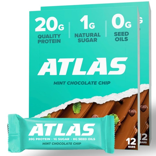 [BRSRMYYCA5YGADI3] Atlas Protein Bar, 20g Protein, 1g Sugar, Clean Ingredients, Gluten Free, Mint Chocolate Chip (12 Count, Pack of 2)