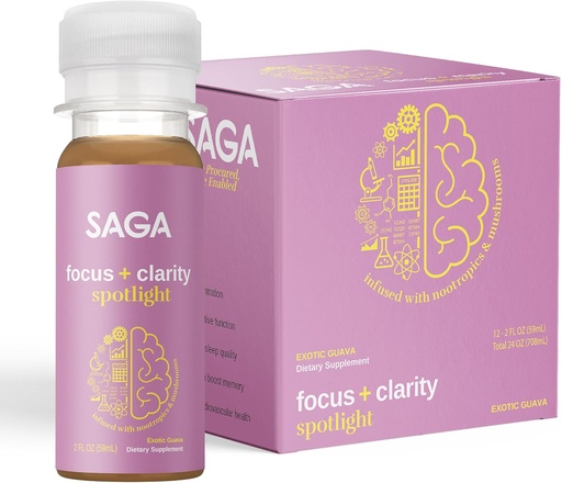 [BRSRMBAZAQNREGTG] SAGA Organic Focus Shots | Contains Nootropics, Adaptogens, & Mushrooms - Bacopa & Ashwagandha | High Bioavailability & Fast Onset | No Jitters & Boosts Productivity | Exotic Guava 2oz Shots(12-Pack)