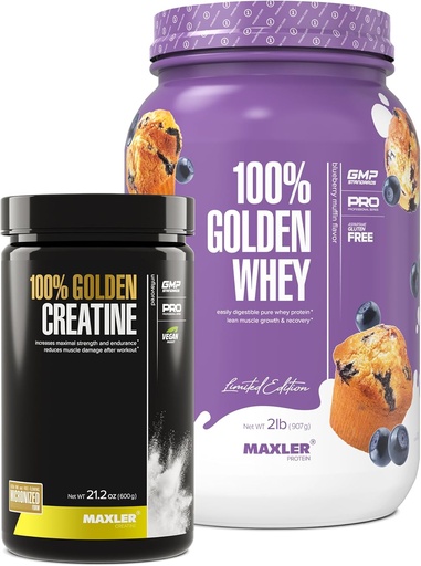 [BRSRMCADBYGWY2D4] Maxler 100% Golden Whey (Blueberry Muffin 2 lb) & 100% Golden Creatine (Unflavored 21.2 oz)