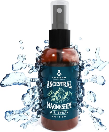 [BRSRA2YKA4MGGDQ7] Suppléments ancestraux Spray au magnésium, Magnésium pour le sommeil + support musculaire, Fabriqué avec du chlorure de magnésium et des minéraux naturels, Supplément d'huile de magnésium topique d'absorption rapide pour l'application du corps, 4 oz