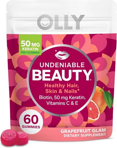 [BRSWGAT2CUNQK3TP] OLLY Undeniable Beauty Gummy, for Hair, Skin, Nails, Biotin, Vitamin C, Keratin, Chewable supplement, Grapefruit, 30 Day Supply - 60 count
