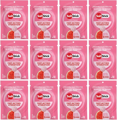[BRSWGBI6OQNGEYIV] SaltStick Electrolyte FastChews - 120 Count Görögdinnye Flavor - Elektrolyte tabletta hidratálásra, sóbab - 10 Count (12-es csomag)