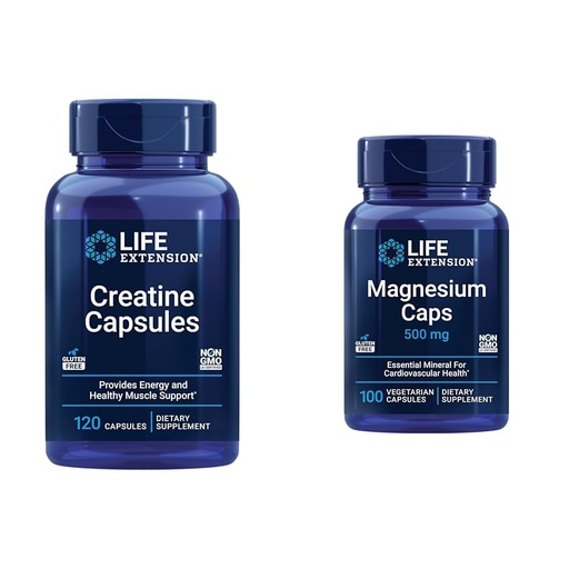 [BRSRAY33CIIW2YAY] Life Extension Creatine Capsules 120 Count & Magnesium Caps 500mg 100 Count - Muscle Strength, Heart Health