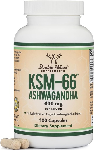 [BRSREZQ5O4IWMAAY] Doble Wood suplementaris Ashwagandha KSM 66 Organic i Clinicament Sudied Extrac (600mmg Per Serving, 120 Capsules 60, Servtos) Adaptogen Cortisol per a dones i homes