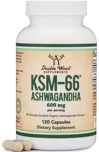 [BRSREZQ5O4IWMAAY] Double Wood Supplements Ashwagandha KSM 66 Organic and Clinically Studied Extract (600mg Per Serving, 120 Capsules, 60 Servings) Adaptogen Cortisol Manager for Women and Men